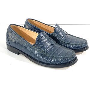 J CREW Leather SIZE 5 Blue CROC Embossed PENNY LOAFERS Womans FLATS